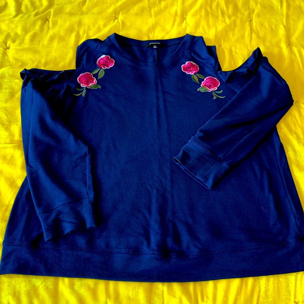 Relativity indigo cold shoulder top with embroidered flowers and ruffle accents